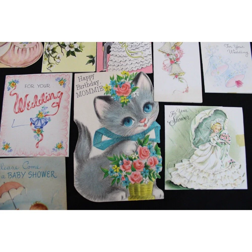 Lot 72 Vtg Baby Shower & New Baby Greeting Cards 1950s Graphics Glitter USA